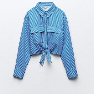 Zara Blue White Striped Linen Blend Knot Cropped Shirt SIZE L